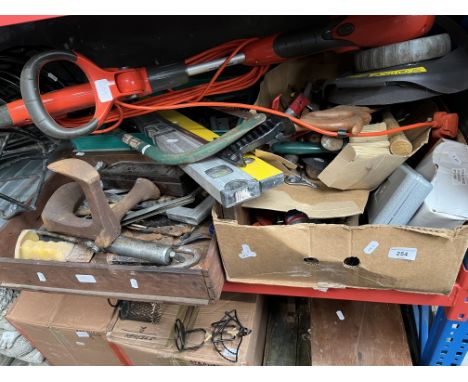 3 boxes of various tools including grease gun, sharpening stone, metal shoe last, spirit level, saws, foot pump, socket set, 