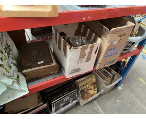 A box and a basket of various lighting items including paraffin lamp with funnel and shade, various table lamps, including on