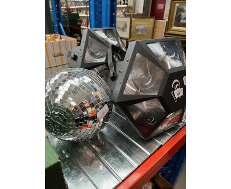 A pair of LEX Dome 6 stage lights, light stand, deck stand and a revolving glitterball with motor. 