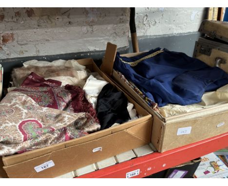 Two boxes of vintage clothing including furs, vintage dresses, gloves, silk shawl, etc.