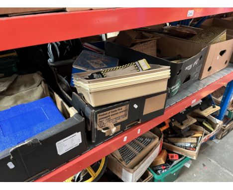 4 boxes of miscellaneous items including copper bed warming pan, old tins, cutlery, treen, tools, 