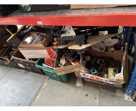 Nine boxes of assorted tools, a work bench, measuring wheeel etc 
