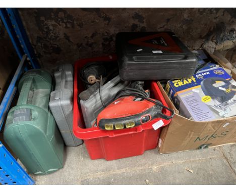 Two boxes of garage ware / tools and 3 cased tools to include a tyre compressor and 2 electric drills, etc. 