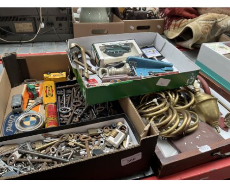 Three boxes of metalware and collectables including a collection of keys, automobilia, fixtures and fittings, brass rise and 