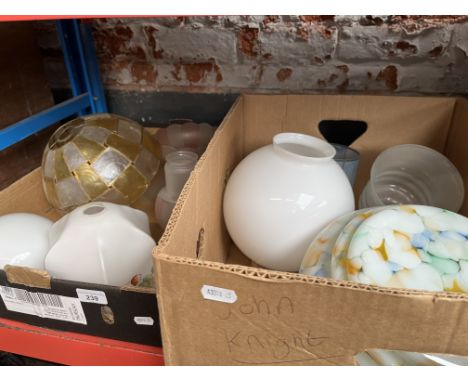 Two boxes of assorted mainly vintage glass light shades. 