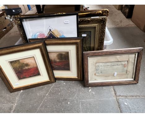 Various pictures and prints to include two oil paintings and a 1914 framed cheque. 