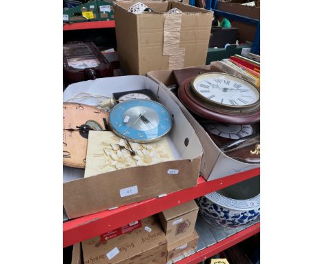 2 boxes of various clocks to include wall hanging, a vintage electric Metamec clock, etc. 