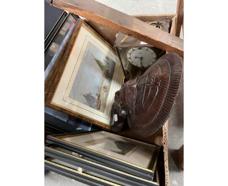 A mixed lot comprising an eastern carved bust, a Kundo clock and assorted prints. 