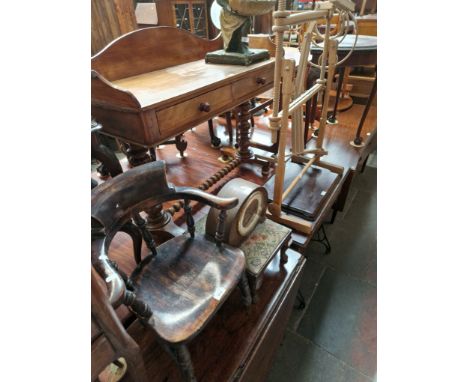 A tapestry / weaving frame with additional accessories together with a child's chair, a small footstool and a mantel clock. 