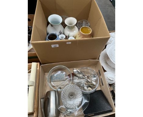 Two boxes of misc ceramics and glassware to include Spode milk jug, cutlery, glass vase, Royal Worcester pottery vase, etc. 