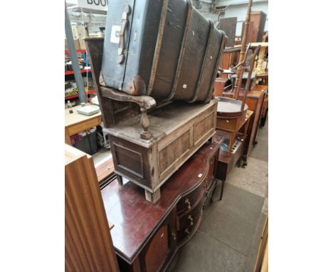 A mixed lot comprising mahogany sideboard, oak monk's bench and a vintage travel trunk. 