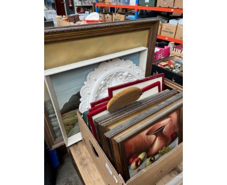 A box of pictures, prints, a plaster frieze and an antique miniature portrait of a lady together with a box of books. 