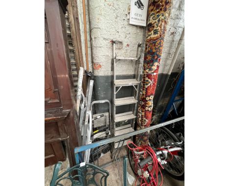 5 sets of aluminium step ladders, various sizes, and a folding sack truck 