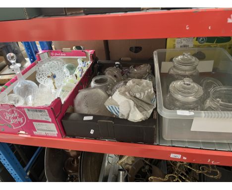 3 boxes of glassware to include light shades, decanter, drinking glasses, jars, Murano glass clown, etc. 