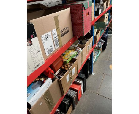 7 boxes of various items including household, ceramics, glassware, brass coal scuttle, a large Poole fruit bowl, games, etc. 