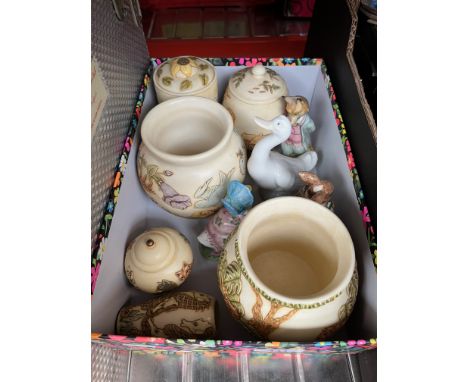 A box of mixed items including Jardinia ware, Beatrix Potter and Nao, etc. 