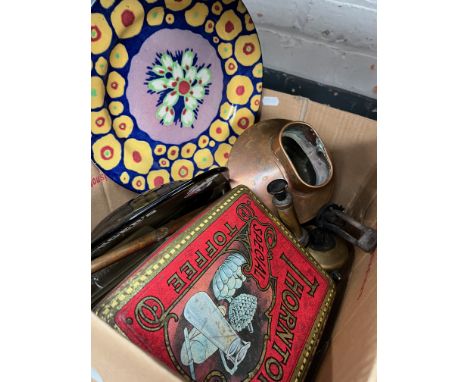 A mixed lot of collectables including copper watering can, vintage tin of old handles, blowlamp, Doulton plate, etc. 
