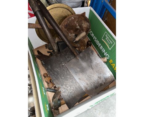 A box of tools and metalware including equestrian items, cut throat razor, shovels, etc. 
