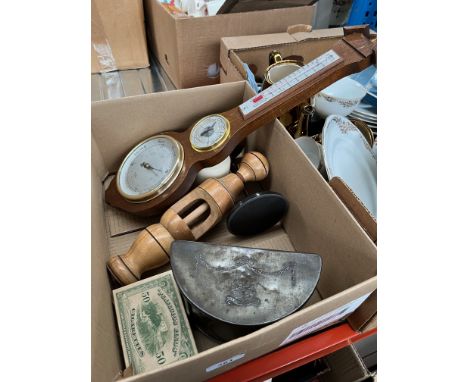 A mixed box including a French wine corkscrew, a small Shortland Bros barometer, two vintage cigarette boxes and a metal cand