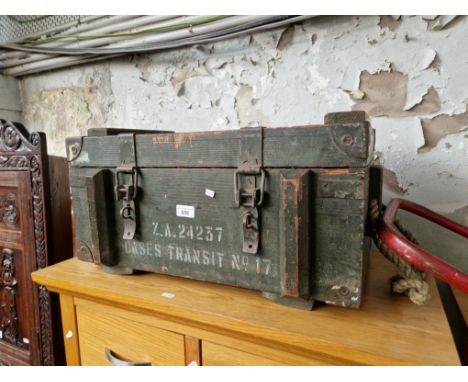 A green painted wooden military ammunition box. 