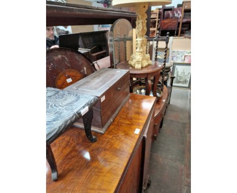 A mixed lot comprising oak stick stand, vintage convex mirror, mahogany coffee table, Edwardian inlaid tray, mahogany box con