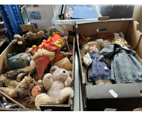 Two boxes of dolls and soft toys including bisque headed dolls etc. 