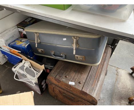 A vintage metal trunk, a vintage case containing various furs and a bundle of electrical items including cordless spotlight, 
