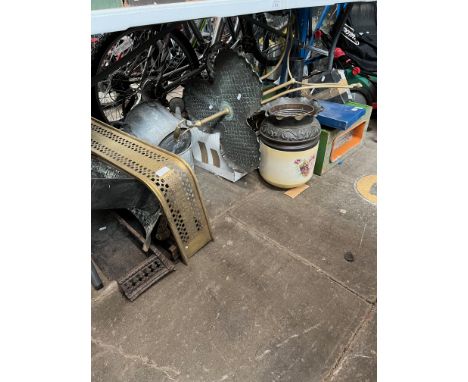 A large collection of metalware including 2 brass fenders, brass tripod table, planters, galvanised watering can, plated tray
