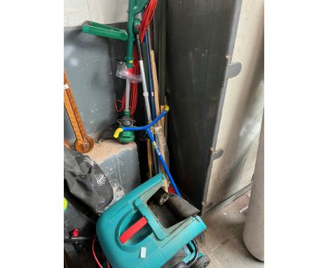Various gardening tools to include a Bosch Rotak 37 electric lawn mower, an electric garden blower, an electric Qualcast stri