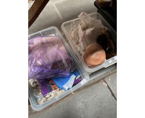 A box of textiles and a box of various dolls to include a vintage Chad Valley bunny with glass eyes, a Victorian straw filled