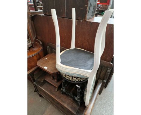 Two vintage stools and a French style white painted bedroom chair. 
