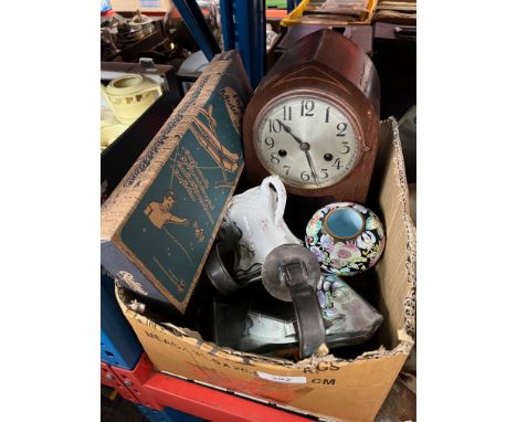 A mantel clock, pair of old mirror candle holders, bone china, voltmeter, a vintage Ridley's House of Novelties model plane k