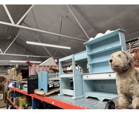 Children's toys - including a vintage Pedigree push along dog, kitchenette, a desk, two doll's cots, black board and easel, a