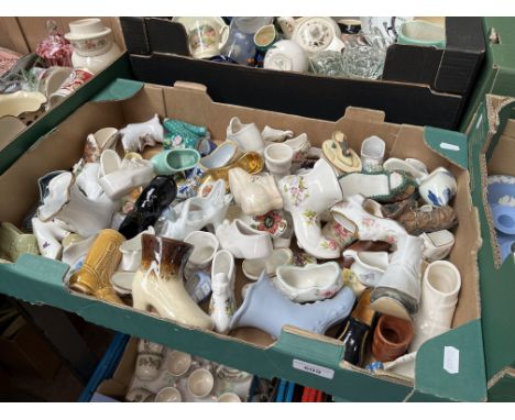 A box of ceramic shoes to include Coalport, Spode, Old Country Roses, Old Foley, Rojan, Hammersley etc 