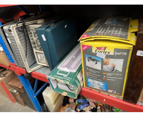 A metal case containing Zeiss Icon slide projector, a Gold Star oscilloscope, and Olivetti Dora typewriter, a rechargeable fl