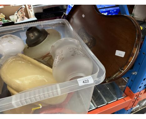 A box of vintage glass light shades together with an Edwardian inlaid mahogany serpentine shaped wooden tray. 