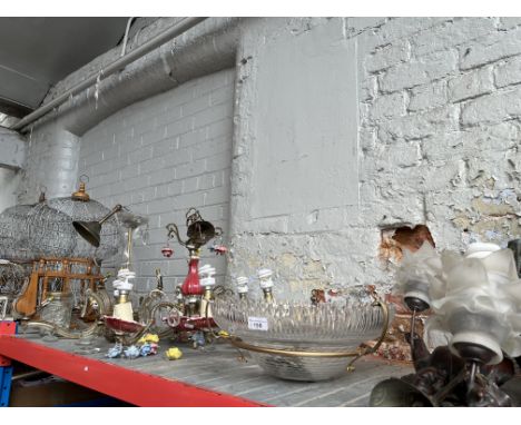 A glass chandelier, a ceramic chandelier, both with glass droplets together with a ceiling light glass shade with metal suppo