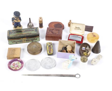 A box of assorted collectables. To include a ceramic postman salt shaker, cased MaruMan lighter, wine funnel, and a shell hea