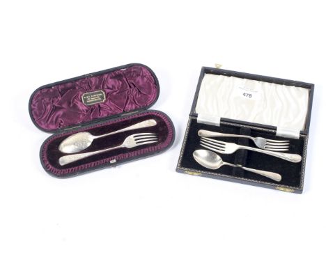 A silver cased fork and spoon in presentation box and a similar mixed cased set. Various assay offices and makers, 108.6 gram