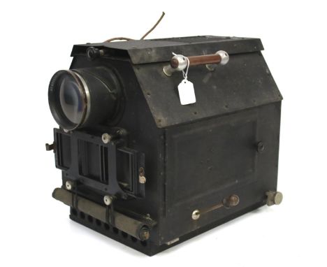 A Ross of London vintage electric magic lantern projector. With wooden handles to either side, L50cm