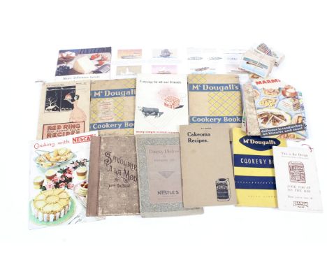 A box of assorted collectables. Including cigarette cards, vintage cookery books advertising, etc.