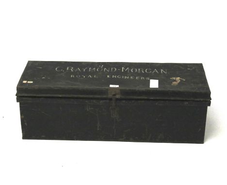 A military tin trunk 'Royal Engineers'. Marked G. Raymond-Morgan to the top, made by Chatham &amp; Son Ltd C&amp;M 1917 Wolve