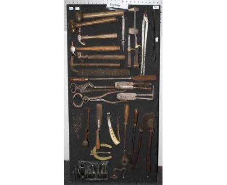A collection of assorted vintage Farrier tools on a display board. Including hammers, file and knives, etc.