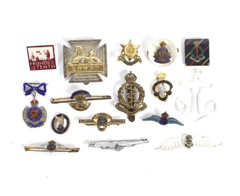 A collection of sixteen assorted military cap and sweetheart brooches. Including RAF, army ordnance corps, Jellalabad , Burma