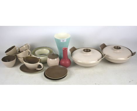 An assortment of mid-century Poole Pottery. Including a mushroom and cream two-tone tea set with two matching tureens, six cu