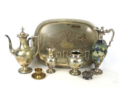 An assortment of 19th century and later metalware. Including a Ronson table lighter, engraved twin handled tray, metal coffee