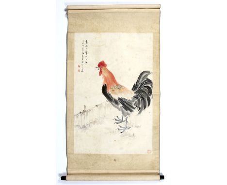 An early 20th century Chinese scroll painted in watercolour and gouache. Depicting a rooster, inscribed in black ink and with