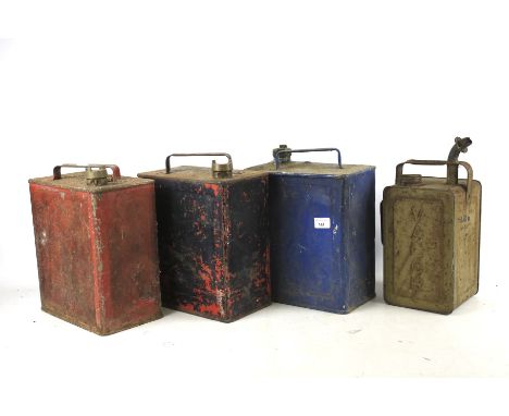 Four vintage petrol cans. Including two painted red with single handles to the top H32cm.
