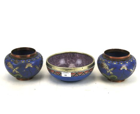A pair of enamel bowls and an S Hancock &amp; Sons ceramic bowl. The enamel bowls of oriental design, decorated with fish, H1