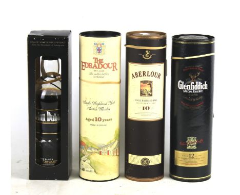 Four bottles of whisky. Comprising one bottle of The Edradour Aged 10 Years boxed, 75cl (part full), 40% vol, one bottle of G